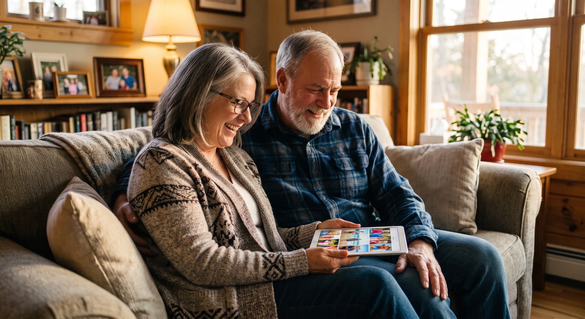 A happy couple using a tablet together after securing their phone